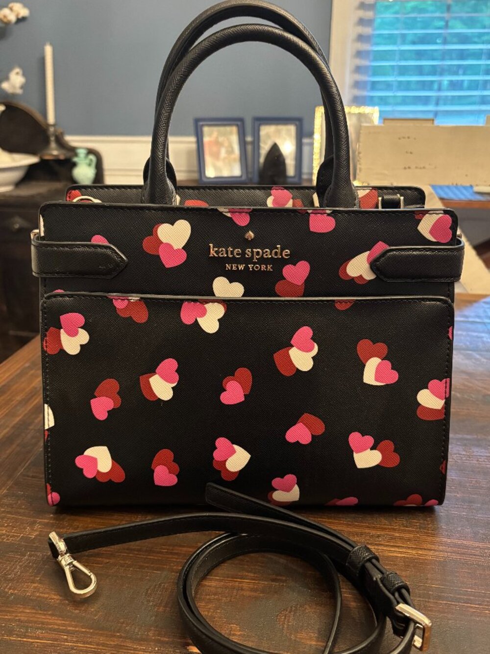 Kate Spade New York Staci Medium Satchel Black Handbag with Hearts